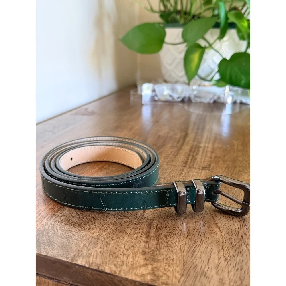 M&S Real Leather Skinny Belt Women Large Green Croc Embossed Gunmetal Forestcore